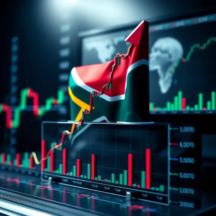 Graph showing upward trend with forex trading indicators and South African flag