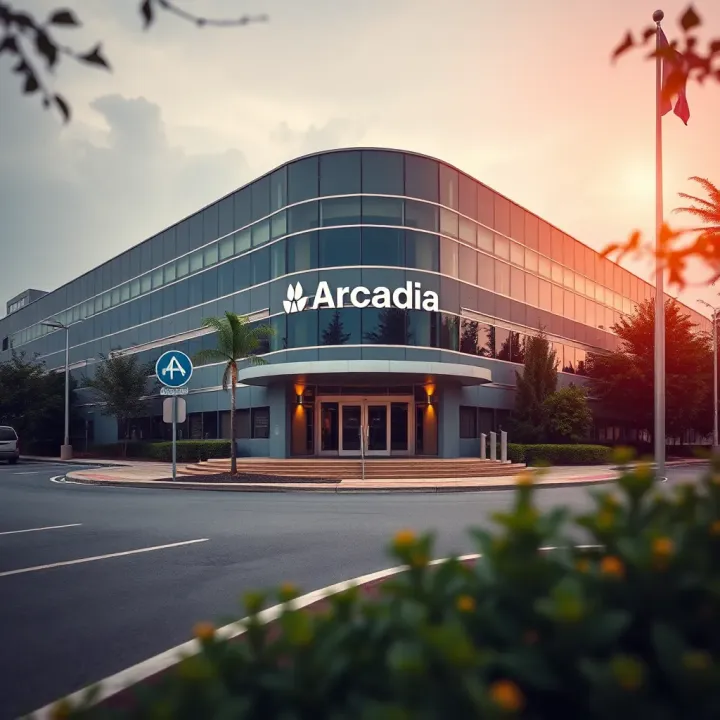 Arcadia Finance company building with financial charts overlay