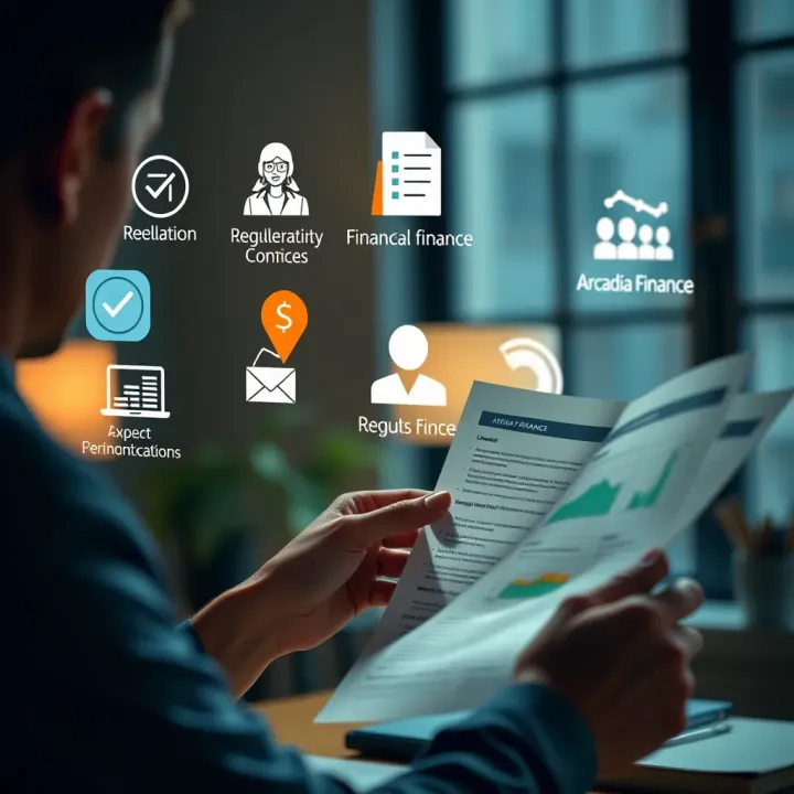 Person reviewing financial documents with regulatory compliance icons