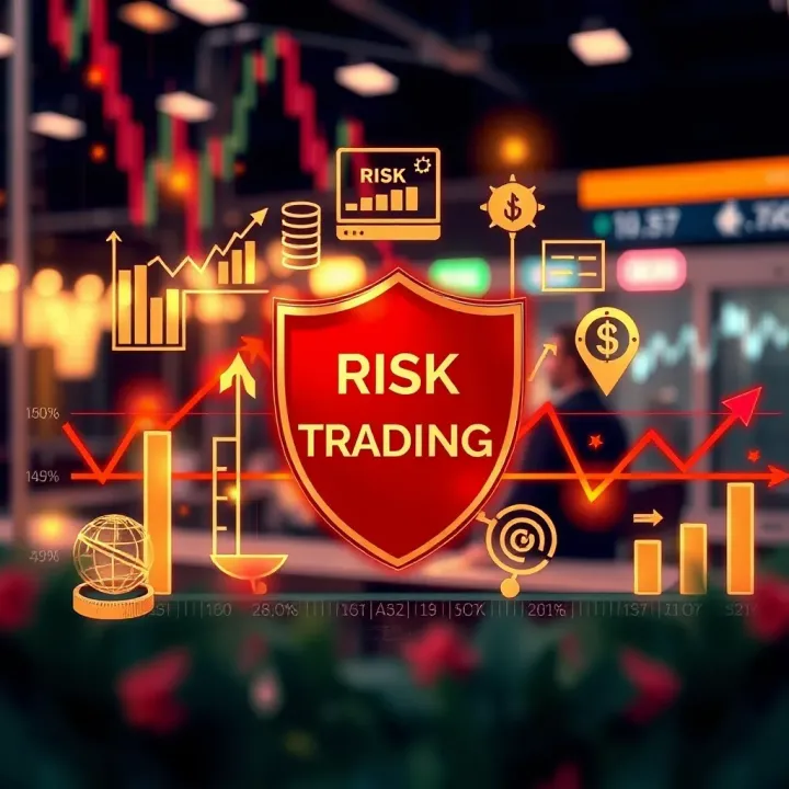 Illustration of risk management concepts including charts, shields, and financial symbols