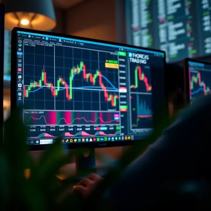 Forex Trading Platform Interface with Market Data Illustration of a computer screen displaying forex trading platform interface with charts and market data