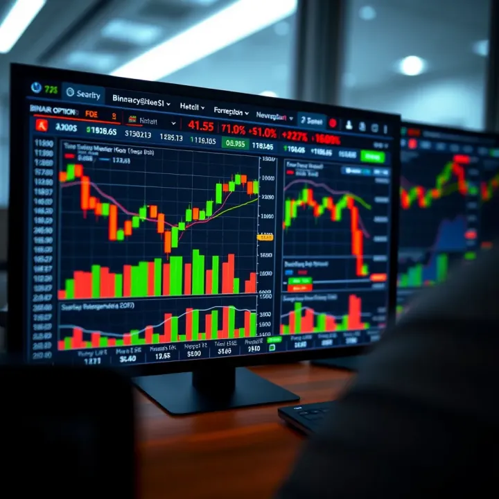 Visual of a trading platform interface showing binary options charts and fee details