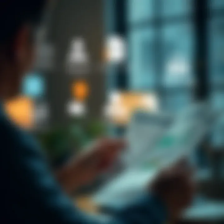 Person reviewing financial documents with regulatory compliance icons