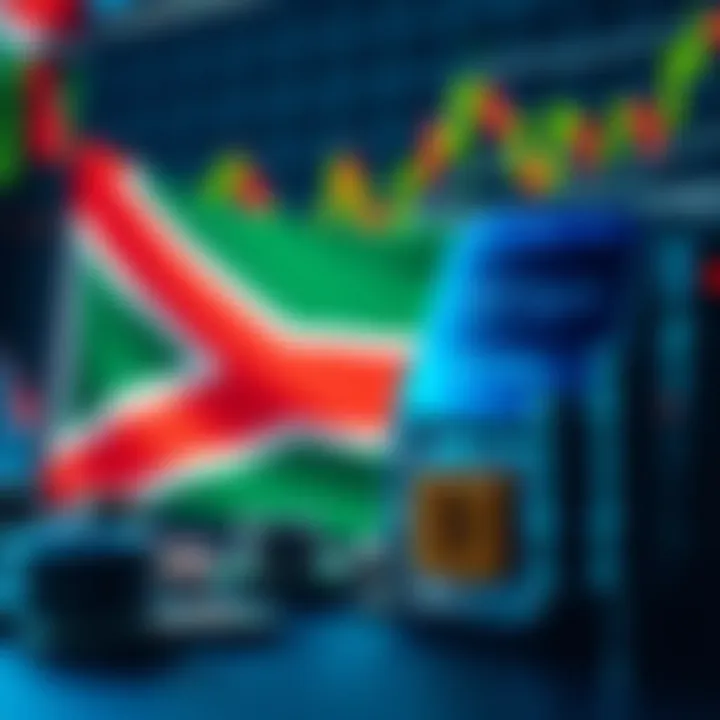 Conceptual illustration of financial market trends and binary options trading symbols with South African flag elements