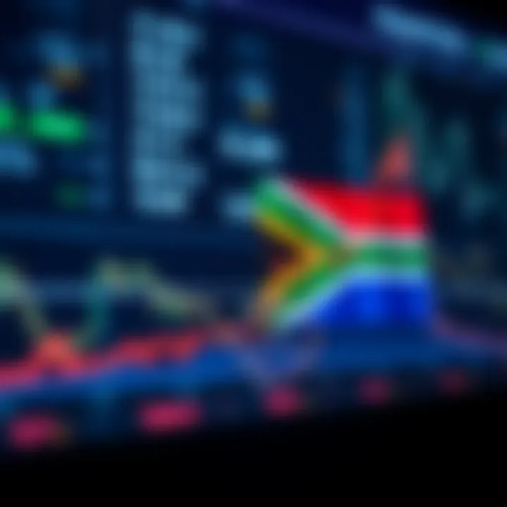 Graph showing upward financial trend with digital trading icons and South African flag