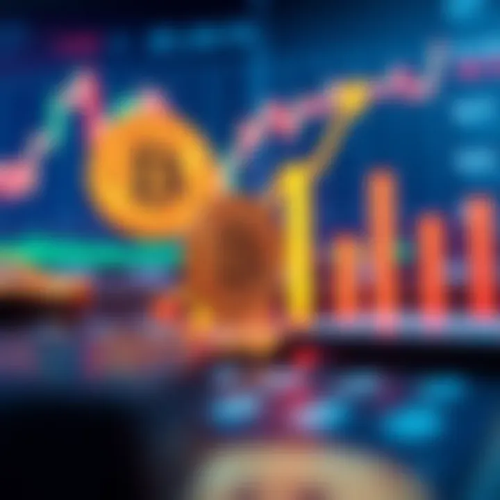 Digital representation of cryptocurrency symbols with upward trend graph