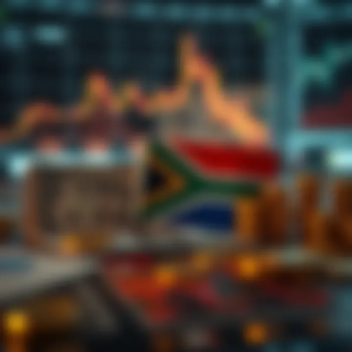 Economic and Global Factors Impacting USD to ZAR Exchange Rate Visual depiction of economic indicators influencing currency value with global market elements
