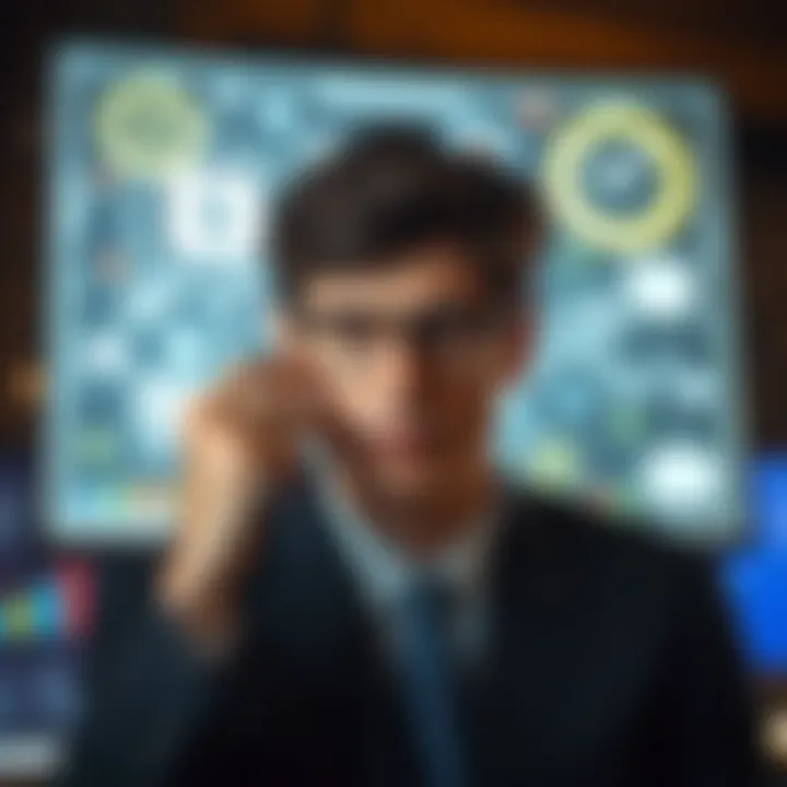 Eduardo Saverin contemplating business strategies surrounded by technology icons