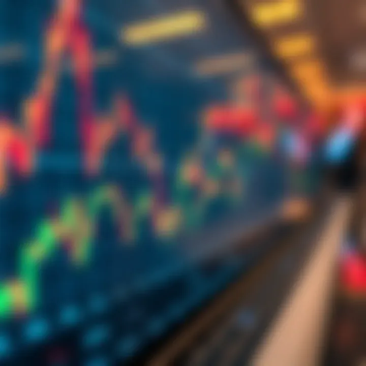 An abstract digital graph showcasing fluctuating forex market trends with vibrant lines and data points