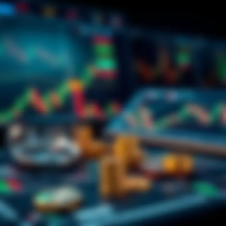 A conceptual illustration of strategic forex trading with charts, currency symbols, and analytical tools