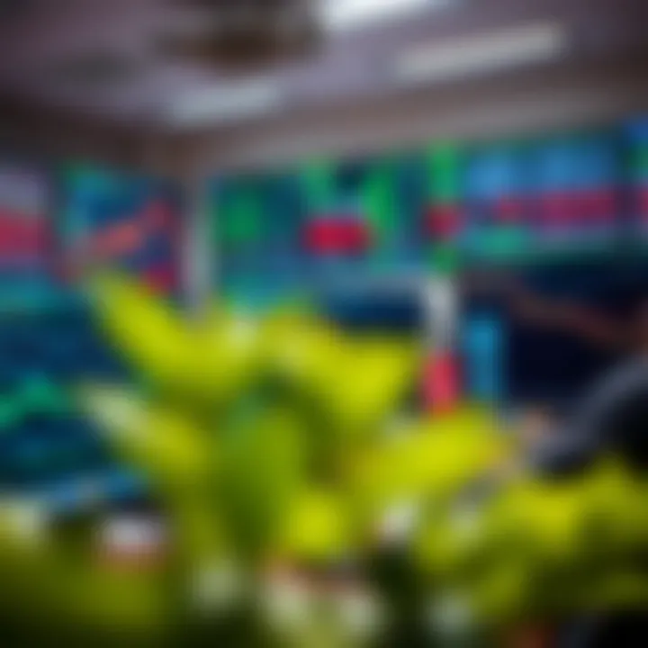 A modern office workspace with multiple monitors displaying financial data and currency exchange rates