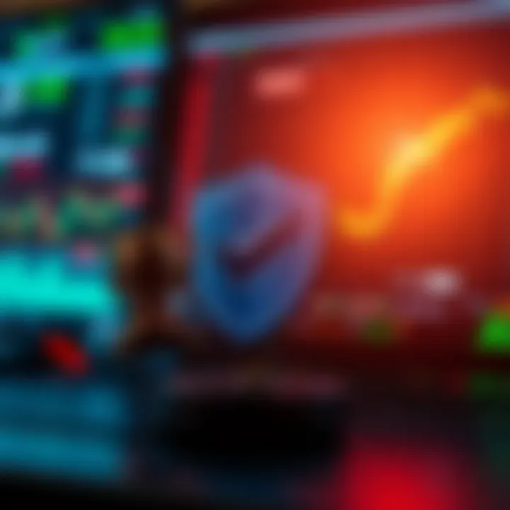 Visual representation of secure online trading with shield symbol and digital data elements