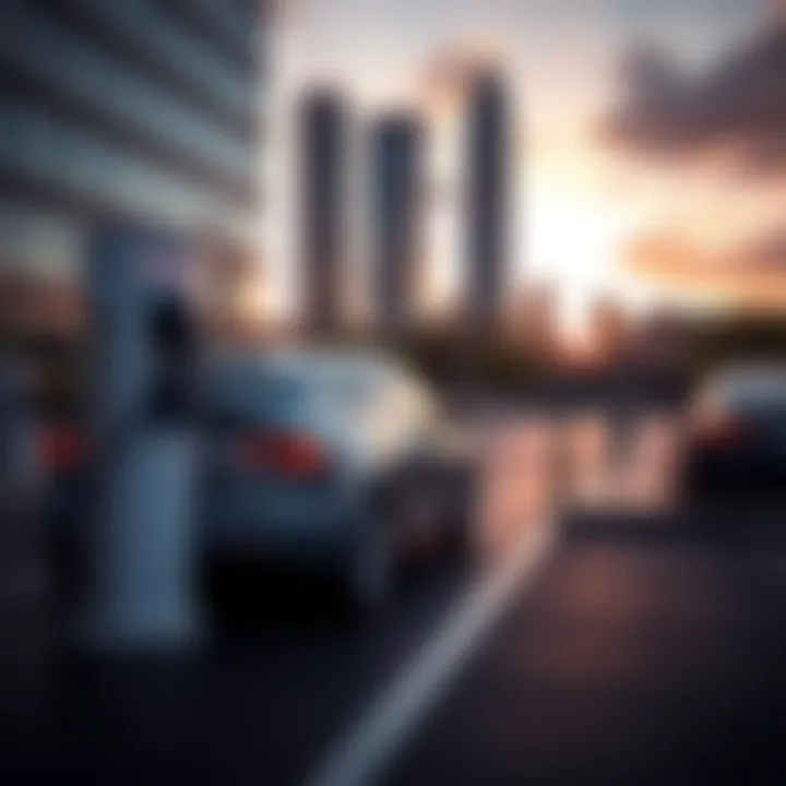 Tesla electric vehicle charging at a modern station with a city skyline in the background