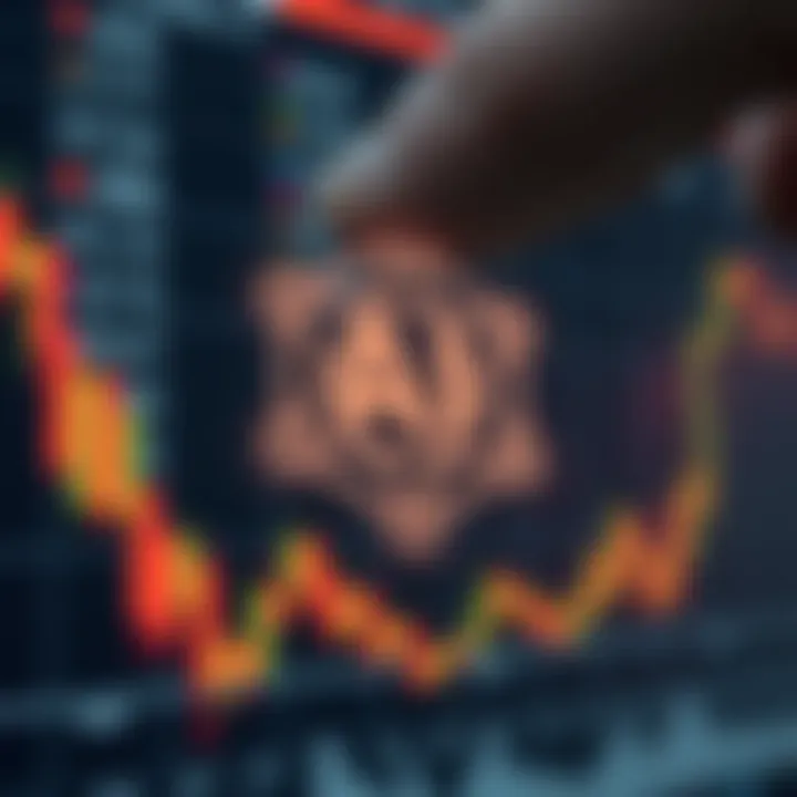 Visualization of quantum computing circuitry integrated with artificial intelligence symbols over a financial chart