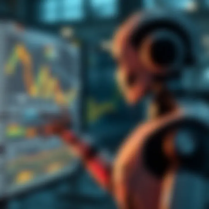 Automated robot analyzing forex trading charts on digital screen