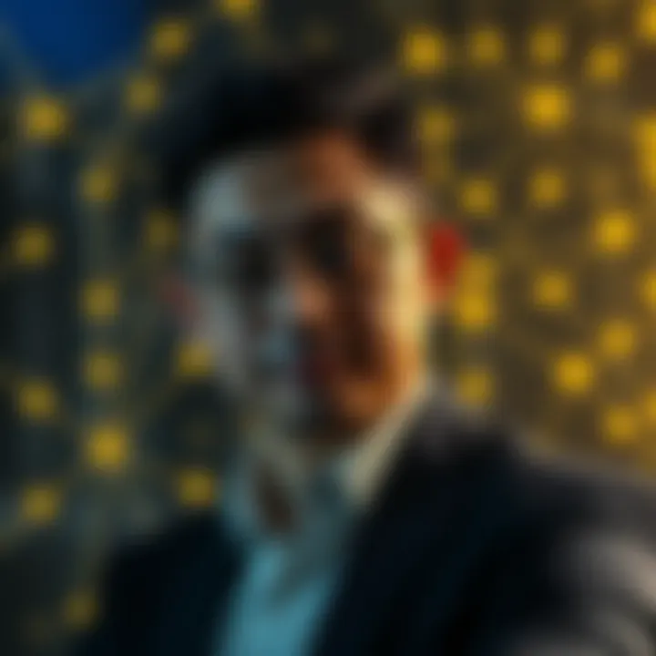 Portrait of Samson Mow with blockchain network graphics in the background