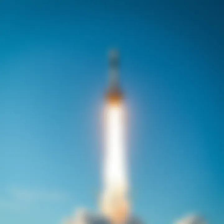 SpaceX Falcon rocket launching into a clear blue sky with flames and smoke at the base