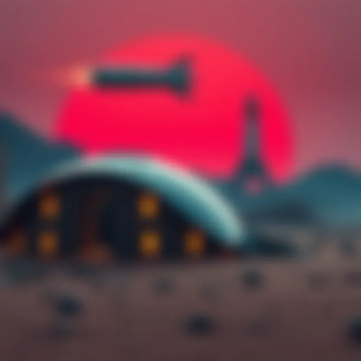 A futuristic Mars habitat concept with SpaceX Starship in the background under a red Martian sky