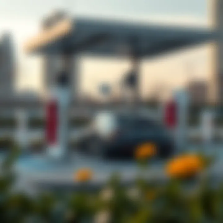 Electric vehicle charging at Tesla Supercharger station surrounded by urban landscape