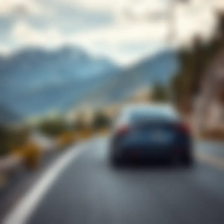 Tesla Electric Vehicle Driving through Scenic Mountain Road Tesla electric car driving on a highway with mountain scenery