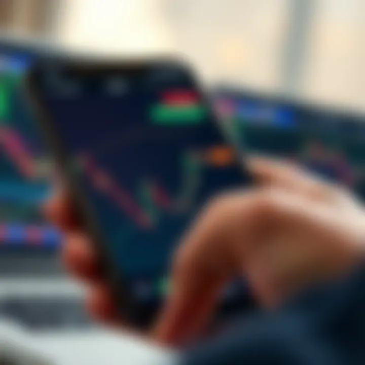 Trading App Interface with Financial Charts Mobile phone screen displaying financial trading app interface with charts and graphs
