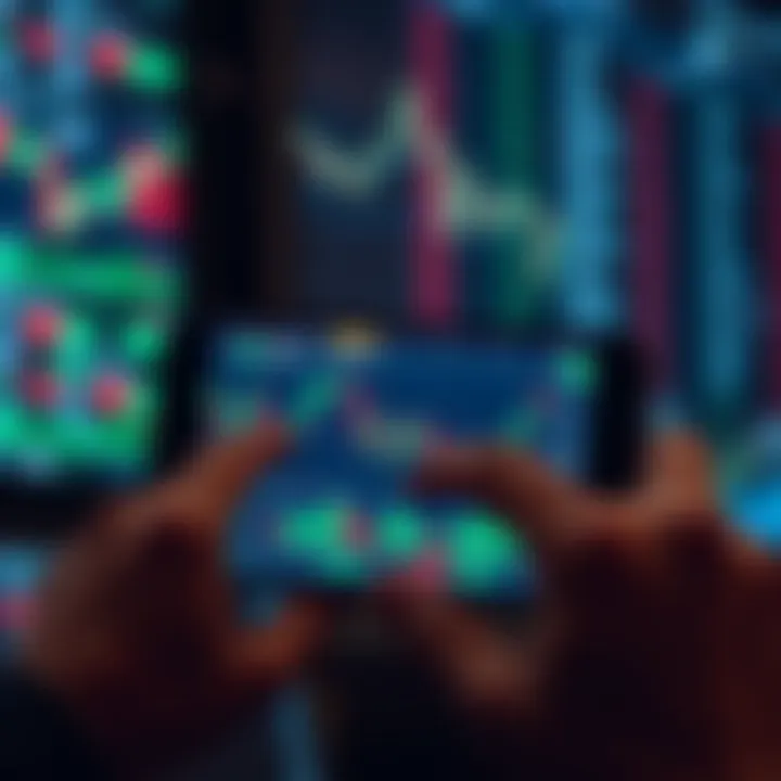 User interacting with forex trading robot application on mobile device displaying charts and trading signals