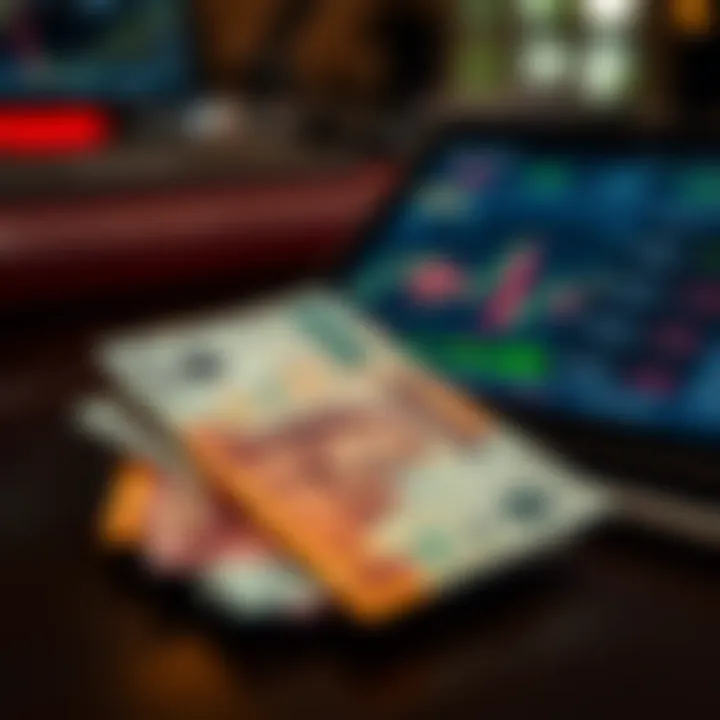 South African currency notes alongside a digital tablet displaying financial data