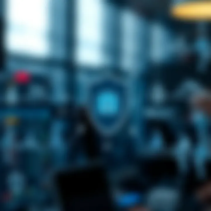 Conceptual graphic of automated trading system connected to brokers with security shield symbol