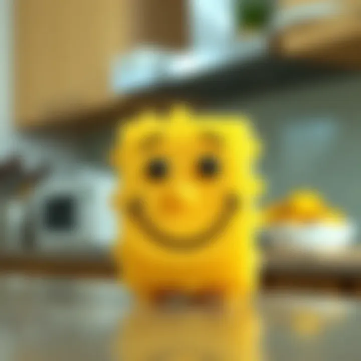 Close-up of the iconic smiley-faced cleaning sponge in a kitchen setting