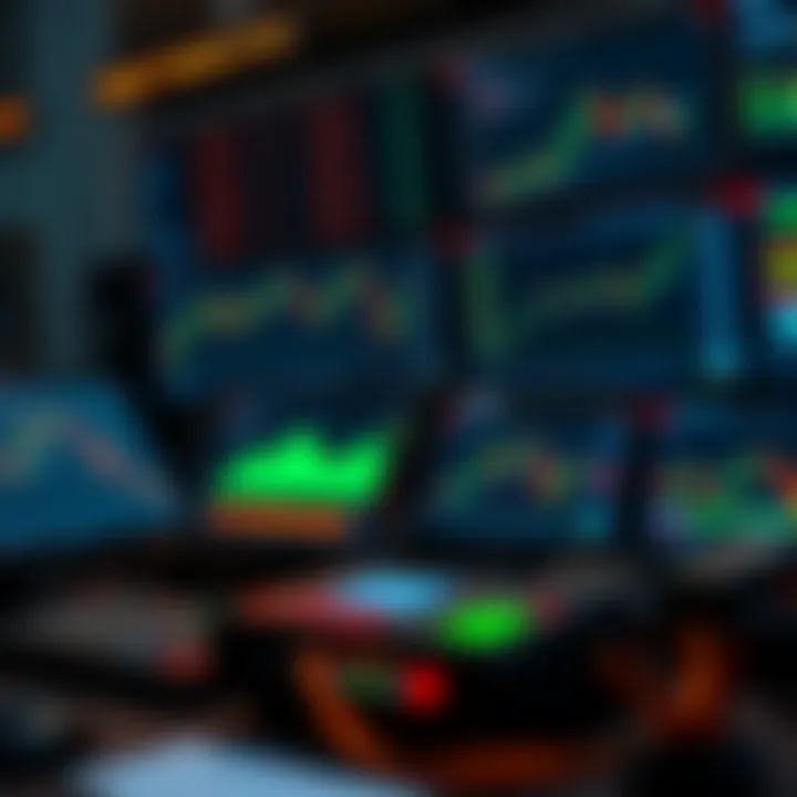 Graph showing automated trading system analyzing market data on multiple screens