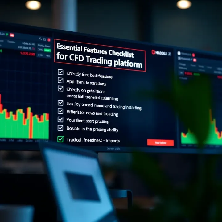 Checklist of essential features for CFD trading platforms displayed on a digital screen