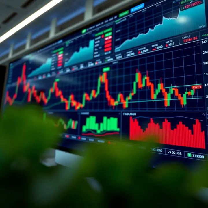 Digital trading platform displaying stock indices and market charts