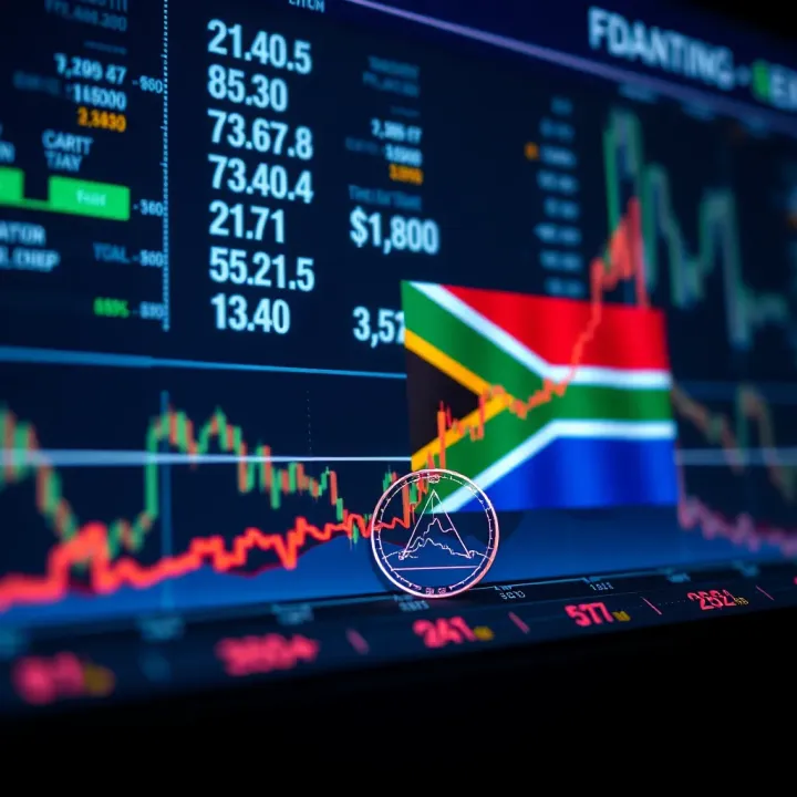 Graph showing upward financial trend with digital trading icons and South African flag