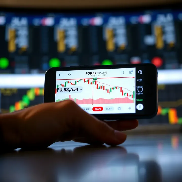 Mobile phone displaying a forex trading application interface with charts and currency pairs