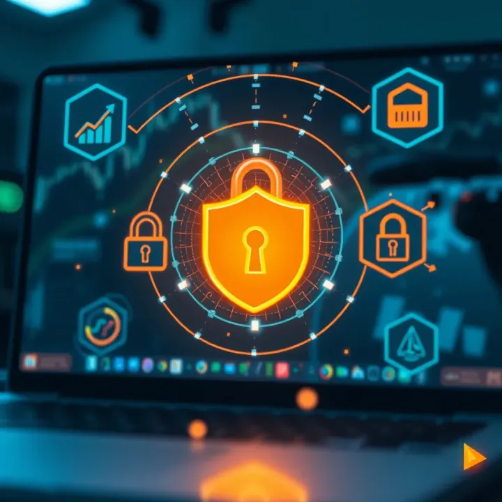 Visual representation of digital security symbols protecting online trading transactions