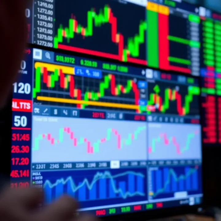 Illustration of a computer screen displaying various stock market charts and trading platform interface