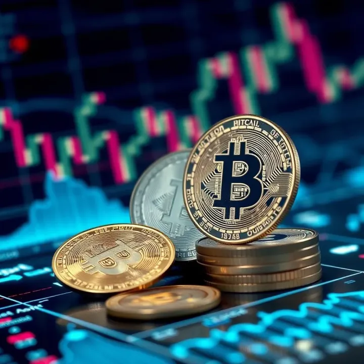 Visual representation of digital currency with blockchain elements and financial graphs