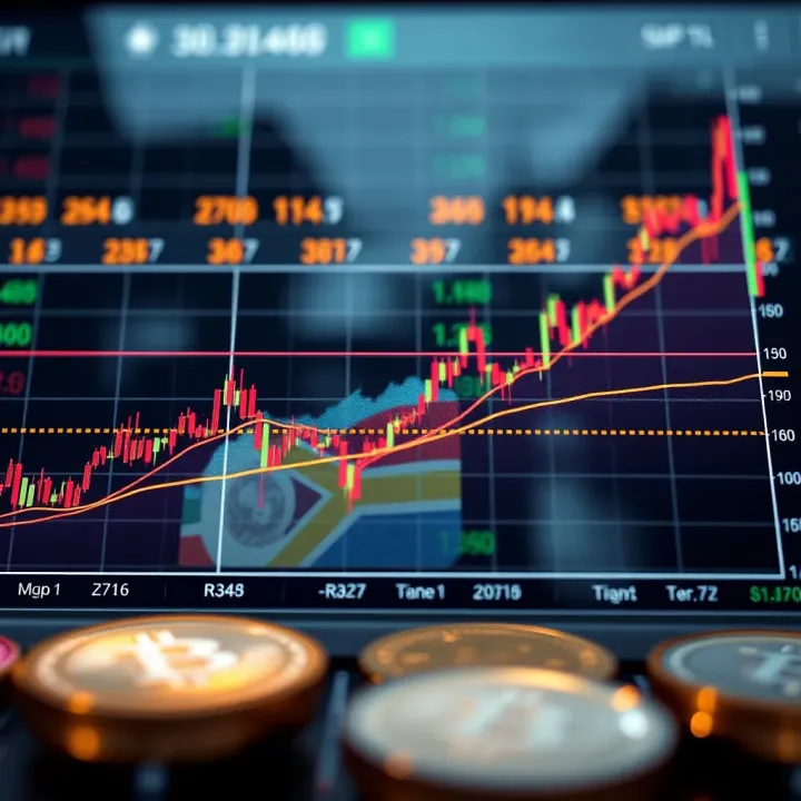 Graph depicting cryptocurrency market trends with South African Rand overlay