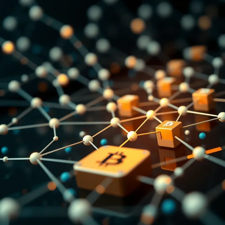 Abstract illustration of blockchain technology with connected nodes and data streams