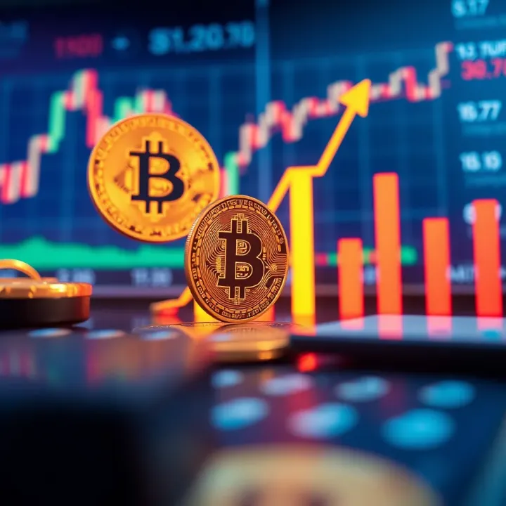 Digital representation of cryptocurrency symbols with upward trend graph