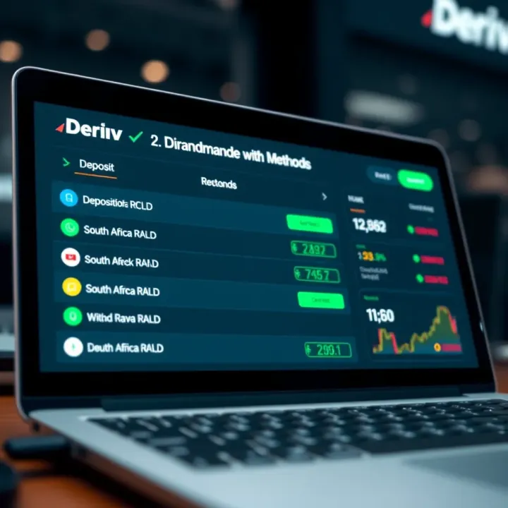Digital interface displaying deposit and withdrawal options in South African Rand for Deriv trading platform