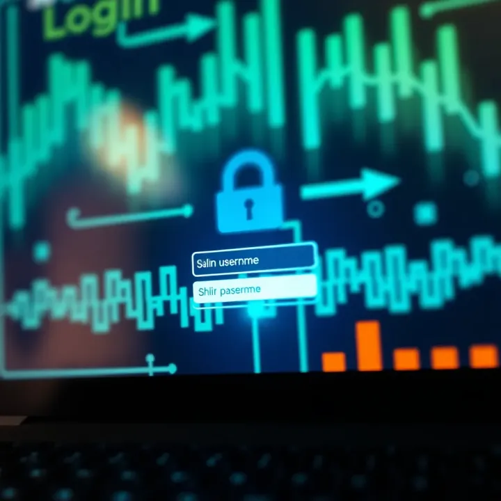 Illustration showing digital login interface with username and password fields on a computer screen