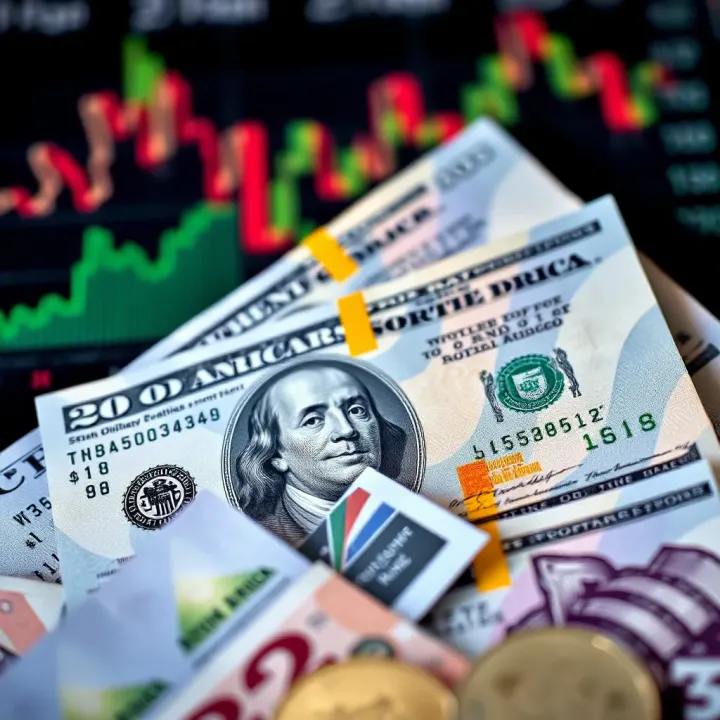 South African currency notes with charts representing economic indicators affecting currency value