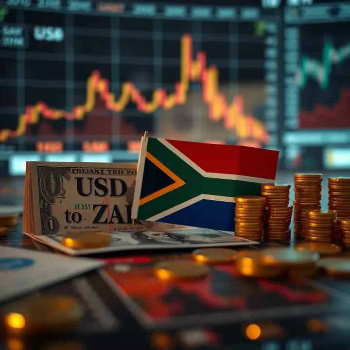 Economic and Global Factors Impacting USD to ZAR Exchange Rate Visual depiction of economic indicators influencing currency value with global market elements