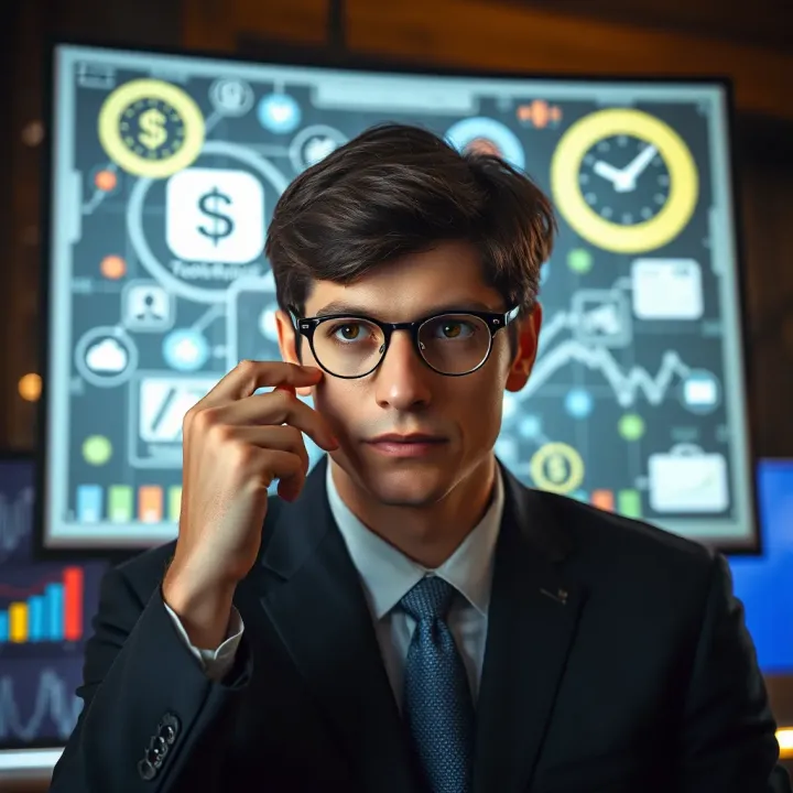 Eduardo Saverin contemplating business strategies surrounded by technology icons