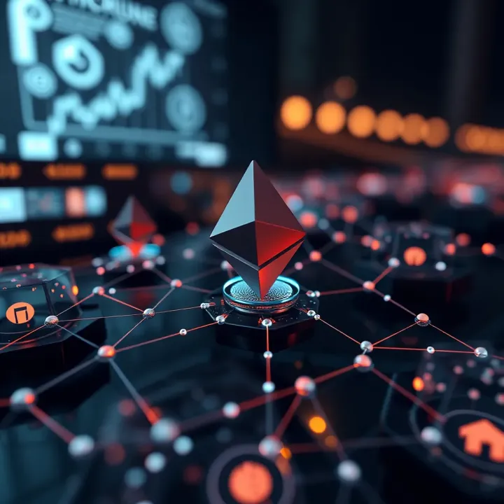 Illustration of Ethereum blockchain network upgrades with digital nodes and connectivity visuals