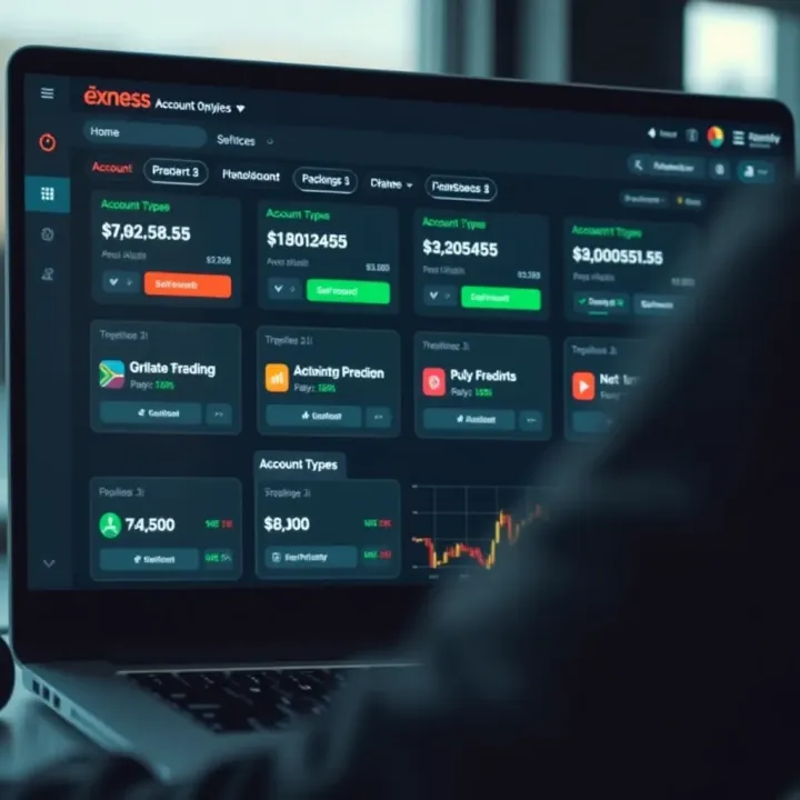 Dashboard view of different account types available on Exness platform tailored for South African forex traders