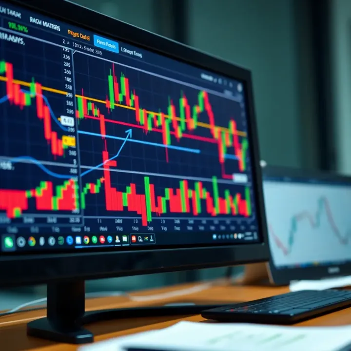 Forex Trading Charts Depicting Market Trends and Analysis A detailed view of forex trading charts and graphs on a computer screen illustrating market trends and analysis