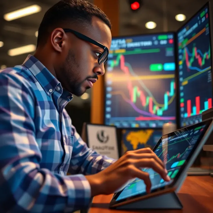 Conceptual graphic of a trader analyzing market charts on a tablet, highlighting strategic use of the FBS no deposit bonus in South Africa