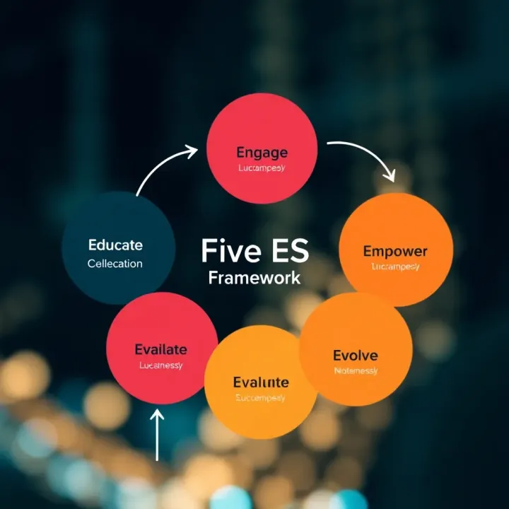 The Five Es Framework for Driving Business Success Diagram illustrating the Five Es framework with interconnected segments representing Engage, Educate, Empower, Evaluate, and Evolve
